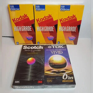 Mixed Lot of 5 Brand New Sealed VHS T-120 Blank Tapes Scotch TDK Kodak